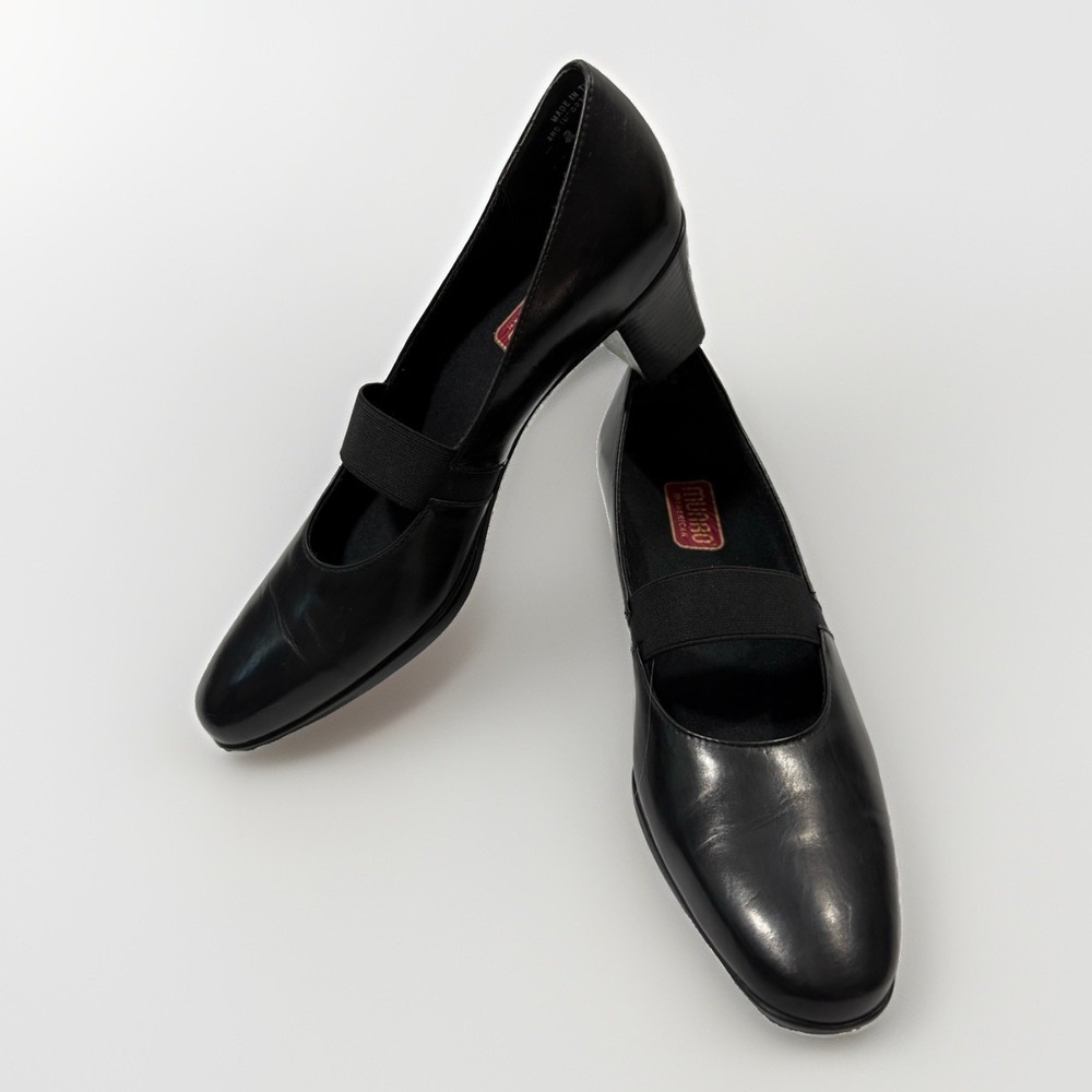 Munro American Danielle Black Leather Mary Jane Block Heel Pumps Shoes Size 8 SS